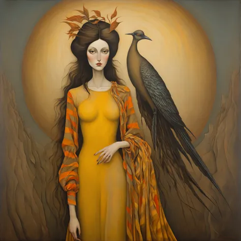 oil painting, styled by leonora carrington, michael parkes, esao andrews, and dave mckean, a woman with long, straight brown hai...