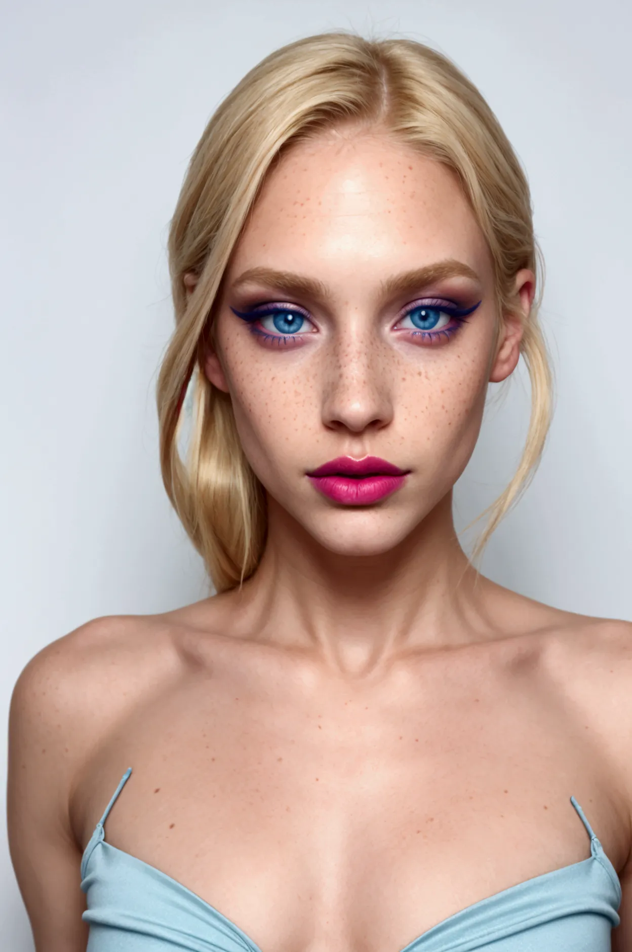 beautiful skinny girl, elongated face and thin chin, freckles, blond, blue colored eyes, red lipgloss stick, beautiful makeup, c...