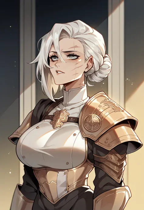 nsfw, a female crusader with a sci fi aesthetic, white haired femal with facial scars, beautiful mature face, amoured woman, gau...