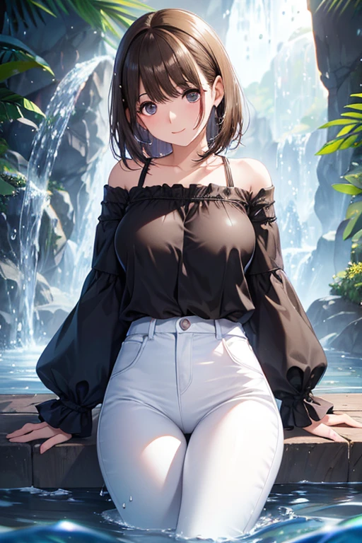 anegasaki nene、Shiny brown hair, short hair, (Beautiful brown eyes、Sparkling eyes, Fine grain)、smile、Ultra-detailed eyes、Highly detailed face, Highly detailed eyes,Cowboy Shot、



,masterpiece, Highest quality, 8k, 8k UHD, 超High resolution, 超High resolution, High resolution, shading, 
Highest quality,masterpiece,Absurd,High resolution,Dynamic Lighting,Intricately detailed,Beautiful Eyes,
break
(1 girl, alone:1.5),
(Off-the-shoulder blouse and tight white pants),
break
[Backlight],(Viewers&#39; Perspective),Starry Sky,(Outdoor, night, river),(Wet Hair:1.2),
(Splash:1.2),(Water Drop:1.1),View your viewers,summer,chromatic aberration