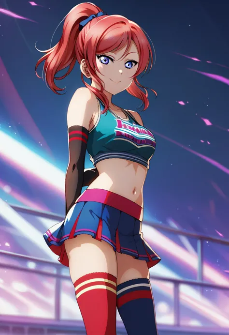 masterpiece, best quality, nishikino maki,red hair, medium hair, purple eyes , cheerleader top ,tank top, skirt, elbow gloves, m...