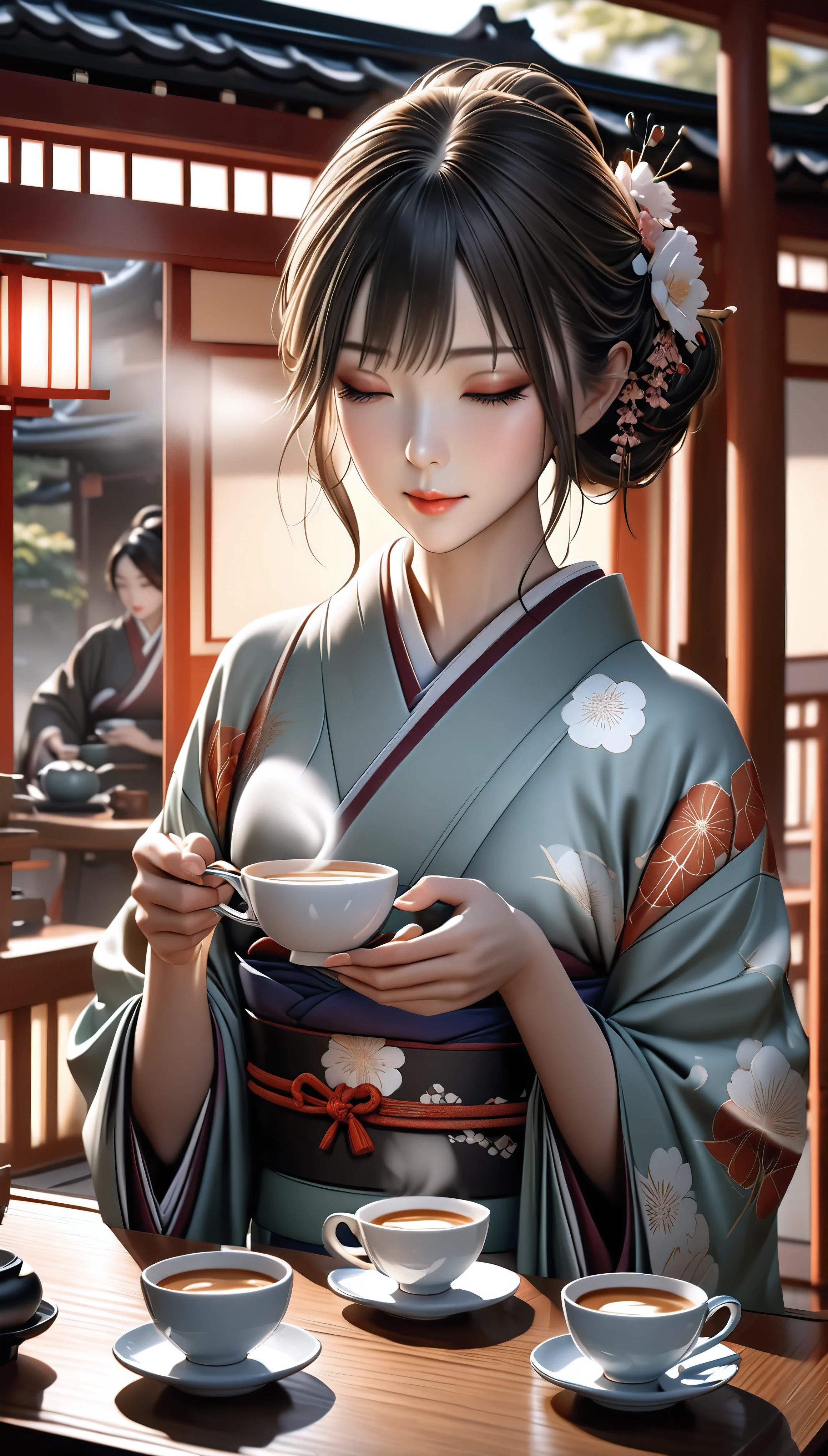 1girl,japanese tea house,selling coffee in japanese tea cups,woman in japanese kimono,elegant and gorgeous japanese beauty,beautiful japanese girl,woman dripping coffee,aesthetic coffee dripping scene,ARW,(best quality,4k,8k,highres,masterpiece:1.2),ultra-detailed,(realistic,photorealistic,photo-realistic:1.37),intricate details,delicate lighting,warm color tones,cinematic composition,elegant and refined,traditional japanese architecture,steam rising from coffee cups,focus on woman's face and expression,graceful hand movements