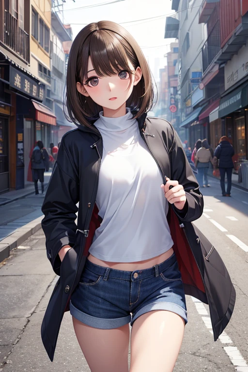 anegasaki nene、Shiny brown hair, short hair, (Beautiful brown eyes、Sparkling eyes, Fine grain)、lol顔、Ultra-detailed eyes、Highly detailed face, Highly detailed eyes,Cowboy Shot、



,masterpiece, Highest quality, 8k, 8k UHD, 超High resolution, 超High resolution, High resolution, shading, 
Highest quality,masterpiece,Absurd,High resolution,Dynamic Lighting,Intricately detailed,Beautiful Eyes,
壊す
Highest quality, 4K, 8k, Delicate face, Clear Face, pretty girl, Korean Makeup, Red lips, lol, Perfect body,,Small breasts,thigh,slim,thin, The girl was wearing a long, wide coat., Under the jacket is a top tube and tight shorts, Lower abdomen, Snow Scene, winter, street,