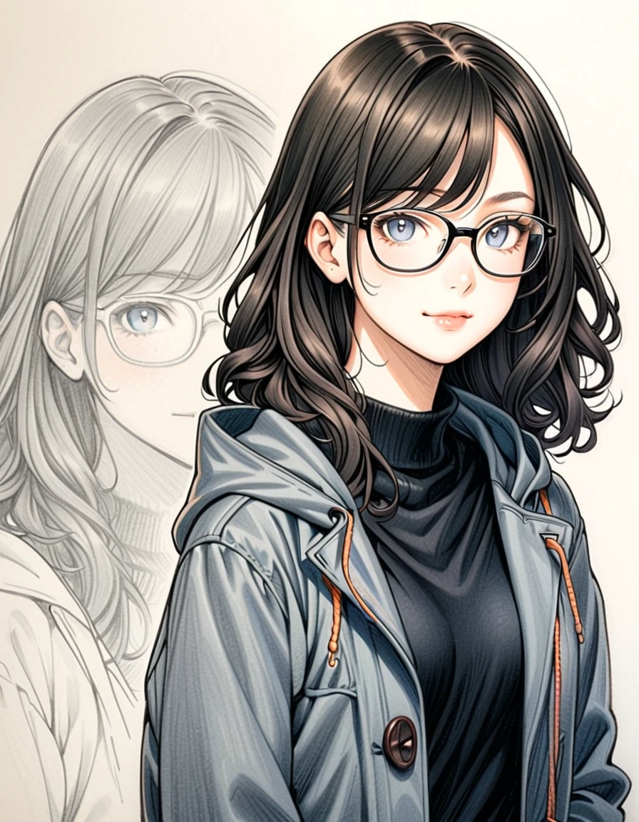 1 female, 30-year-old, alone, thin, slender, small breasts!!!, short hair, curly hair, thin, slender, (((glasses))), duffle coat and long-sleeved blouse, Open jacket, jeans, Half Smile, Are standing, art, Colored pencil drawing, draft, White background, portrait