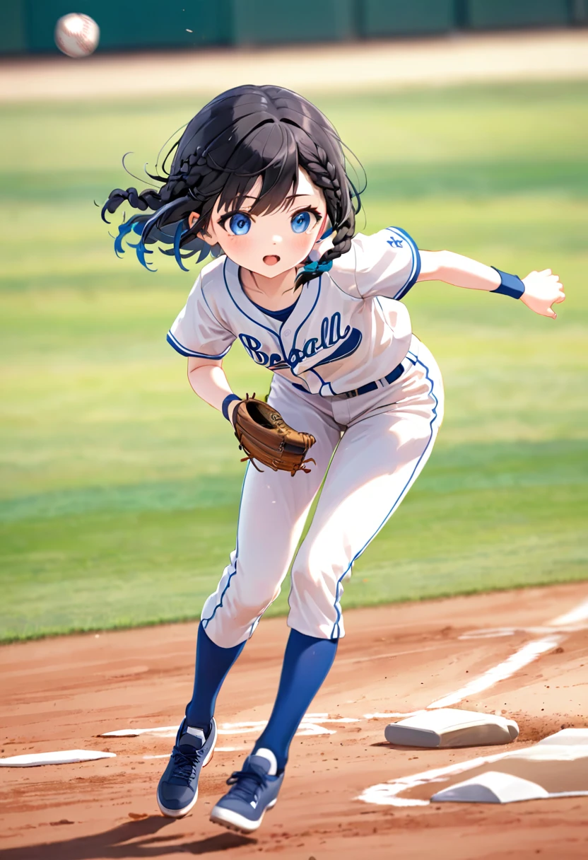 (whole body、from the front)、((One Girl:1.2、Little:1.2))、Black Hair、Big Blue Eyes、Braided Bob、Decisive moment、Baseball game、Sprinting after a ball that has been hit high into the air to catch it with his glove:1.2、Diving catch just above the ground！、(motion-blur:1.2, The baseball is shaking:1.2, speed-line:1.5)、(The background is a baseball field)