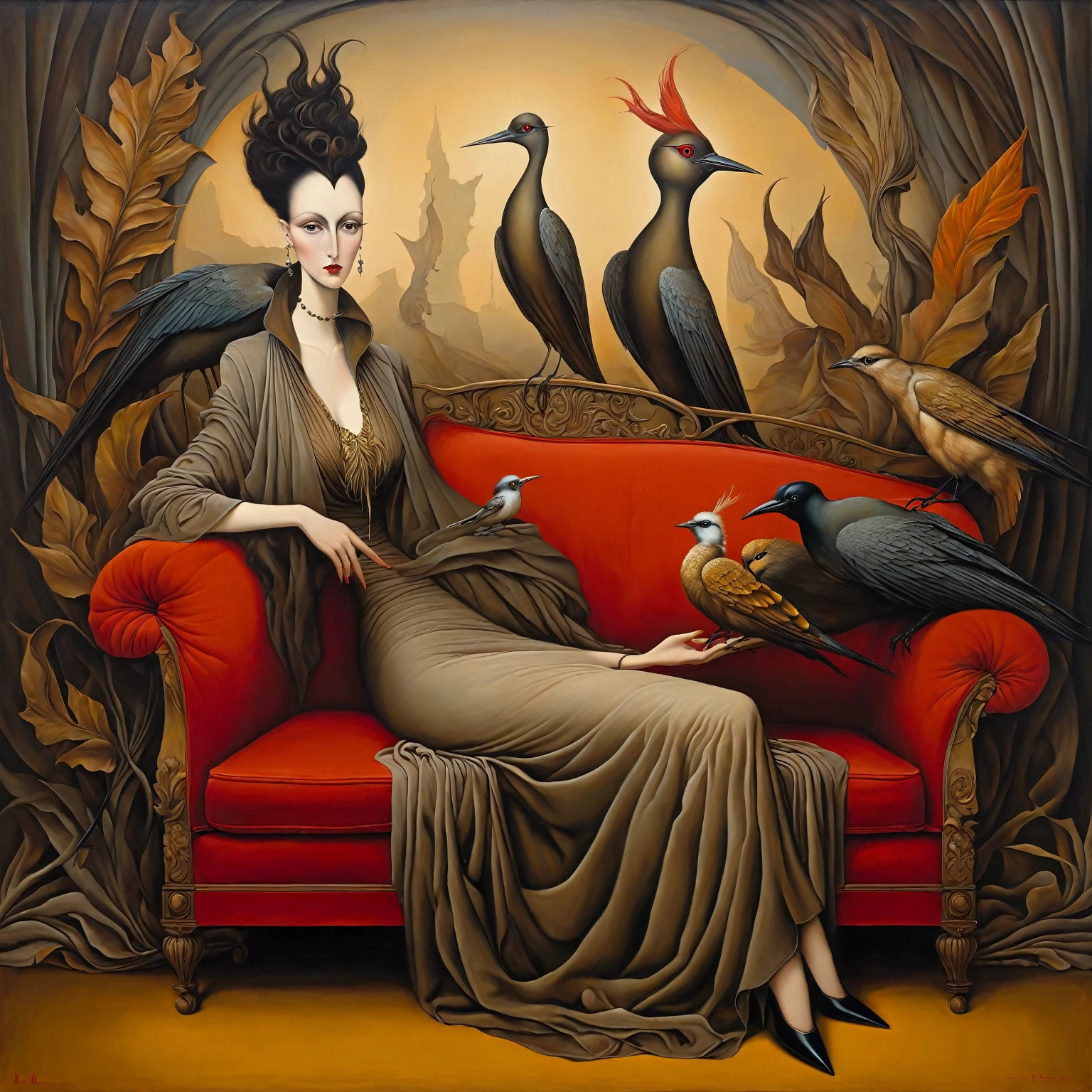 Oil painting, styled by Leonora Carrington, Michael Parkes, Esao Andrews, and Dave McKean, Arafed woman in a dress sitting on a red couch. Stylish artistic background consisting of abstract natural elements such as stylized leaves and birds rendered in soft earth tones. The background creates a sense of depth and mystery, with smooth color transitions. The painting conveys a calm and intriguing atmosphere, where even the lighting is evenly distributed, without harsh shadows, creating a sense of harmony and peace. Surrealistic details such as unusual shapes and symbolism. Mythological elements and magical creatures that add a fairytale aspect. Bright, rich colors and textures that create a sense of depth. A combination of different techniques and styles adding a modern touch. The composition is balanced, with an emphasis on the foreground, where the figure of the woman takes center stage and the background texture complements her image.
