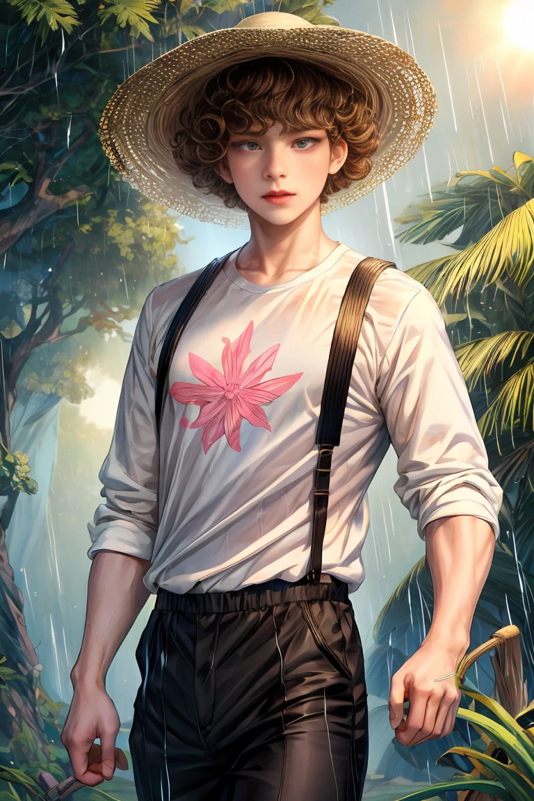 Disney style, cute, 1 boy, teenager, walking in the rain, mature, white shirt, elderly, brown hair, curly hair, short hair, pink eyes, muscular, curly hair, light hair, bangs, sun, dark, mysterious, Bts cute, causal outfit, forest, straw hat with black stripe