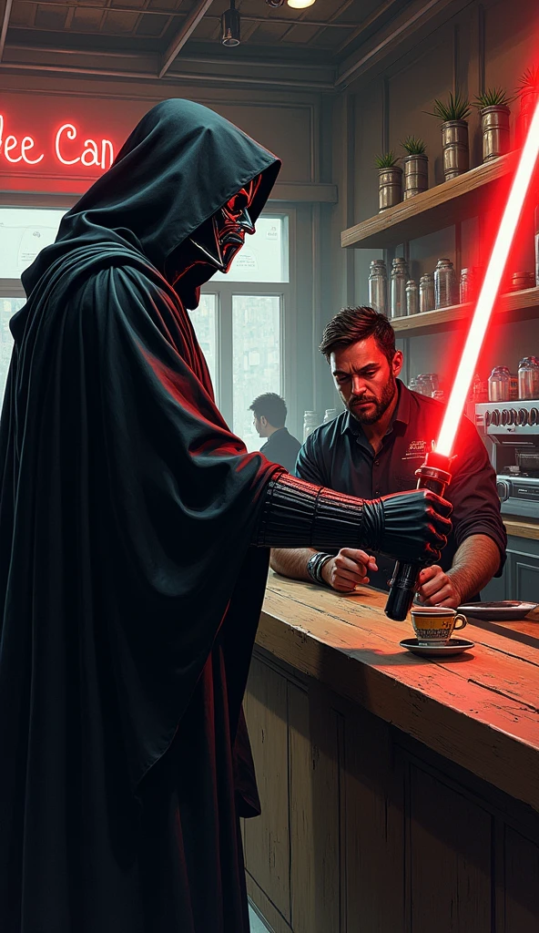 Dark comic style, comic art, a coffee shop in a star wars world, sith lord use the force to get free coffee, detailed coffee shop interior, 