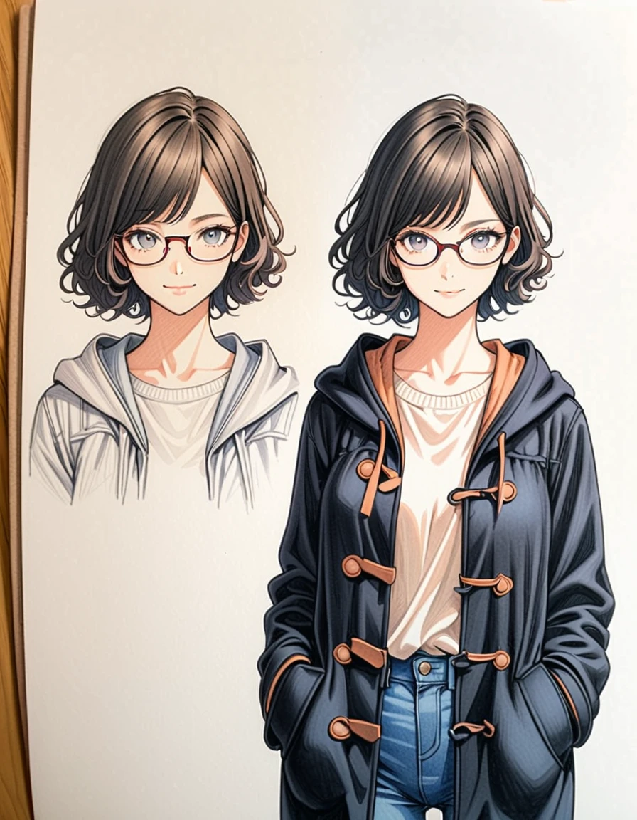 1 female, 30-year-old, alone, thin, slender, small breasts!!!, short hair, curly hair, thin, slender, (((glasses))), duffle coat and long-sleeved blouse, Open jacket, jeans, Half Smile, Are standing, art, Colored pencil drawing, draft, White background, portrait