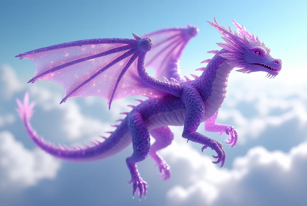 amethyst crystal dragon, 3d render, soaring in the sky