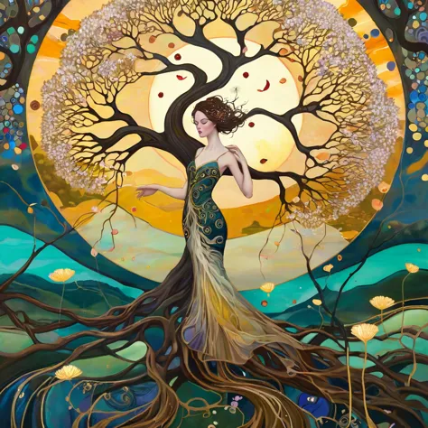 oil and acrylic painting in the style of meghan duncanson, tom bagshaw, klimt. yggdrasill tree, large roots like blown glass tub...