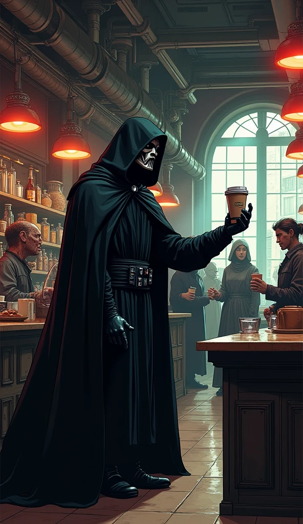 Dark comic style, comic art, a coffee shop in a star wars world, sith lord use the force to get free coffee, detailed coffee shop interior, 