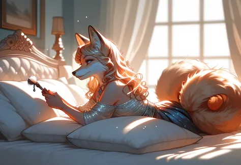 fox tail, fur texture, cozy atmosphere, indoor, soft lighting, warm colors, smooth fur, detailed brush strokes, artistic, illust...