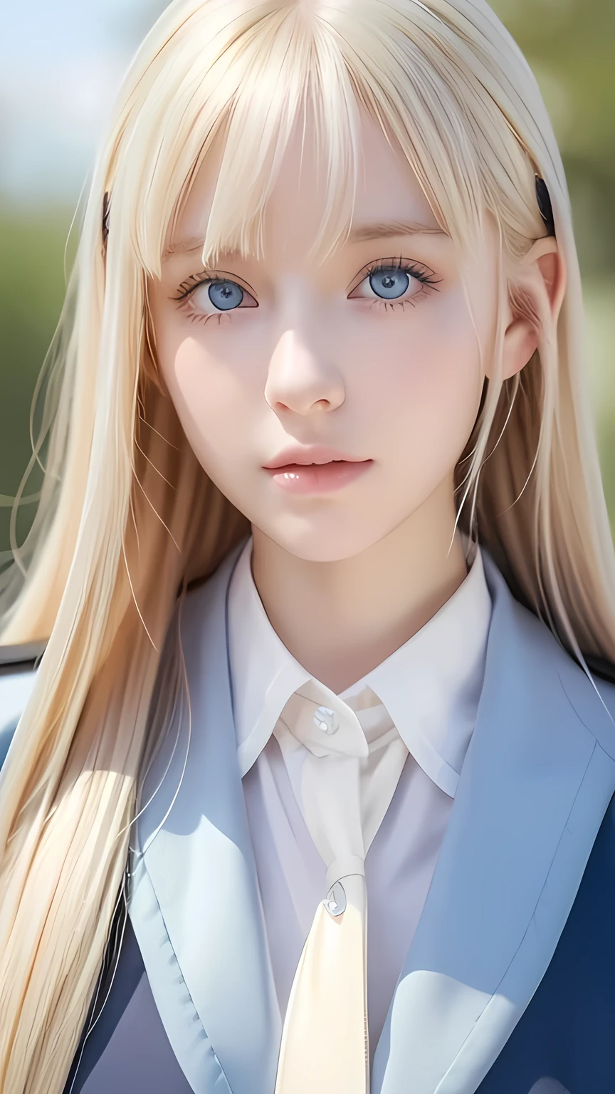 Beautiful girl in uniform、Sexy and adorable、Super long beautiful natural platinum blonde hair、Beautiful Bangs、Very beautiful cute face、Cute beautiful gentle expression、high school girl、Very beautiful, very bright, pale sky blue eyes、Very big eyes、Hair above the eyes、片Hair above the eyes、Hair between the eyes、round face