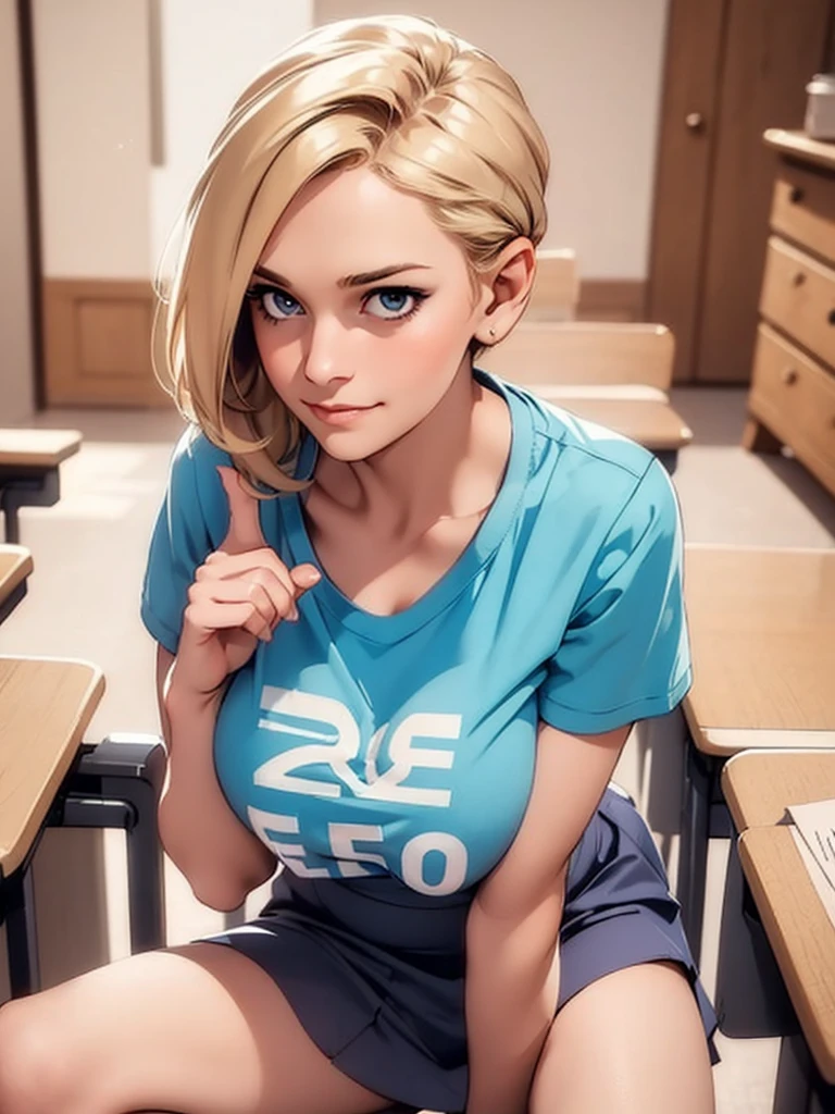 ((masterpiece, best quality)), a woman in a t shirt , front，Overlooking，Close-up of face，Blonde short hair，student，Short skirt，Gentle smile，Open your mouth，Cleavage，。In classrooms。ass pov，Perspective