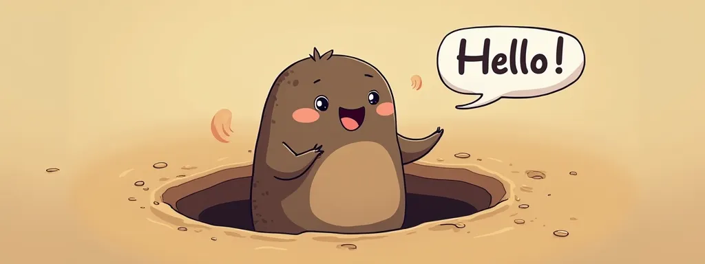 It says "Hello", cute mole peeking out of a hole, super deformed, illustration cartoon