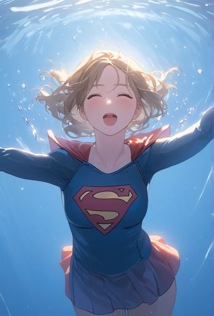 (masterpiece,Highest quality,ultra_detailed,High resolution,absurdists:1.2), Supergirlof costume, A girl in the water、Eyes closed,Supergirl,depth_of_Field,(長さ neck looking up:1.2),bubble,(Raise your hand:1.2),   Complementary Color,Bright Eyes,Strong Rim Light,High resolution、Shortness of breath、Being dragged to the bottom of the river、Shortness of breath、Drowning