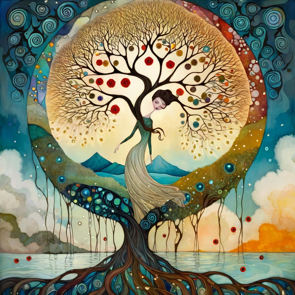 oil and acrylic painting In the style of Andy Kehoe and Tracy Grimwood, Catrin Welz-Stein, Klimt. yggdrasill tree, large roots like blown glass tubes sinking into the ground, stained glass branches rising to the sky, in the center divides the world above and the world below the body of woman with dark blond hair, wavy in the wind and a dress with leaf pattern and ink drops . view of a lake with mustard and emerald waters. Dandelion flowers, poppies, swamp flowers, cherry blossoms, peach blossoms bloom. Sun disc-shaped polychrome buds with marbled spirals, sun rays like strands of coral. Warm colors, ochre yellows, browns, shades of blue, reds .