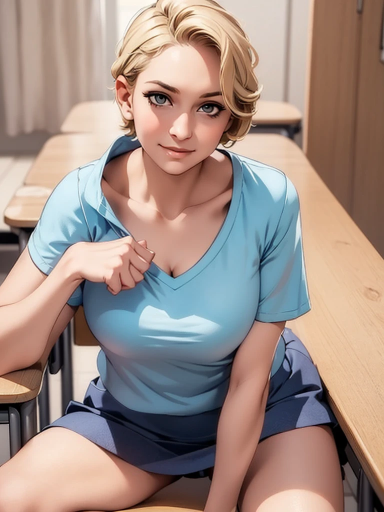 ((masterpiece, best quality)), a woman in a t shirt , front，Overlooking，Close-up of face，Blonde short hair，student，Short skirt，Gentle smile，Open your mouth，Cleavage，。In classrooms。ass pov，Perspective