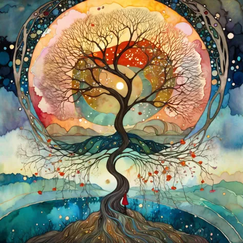 watercolor painting, in the style of meghan duncanson, andy kehoe and tom bagshaw, klimt. yggdrasill tree, large roots like blow...