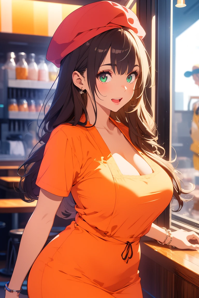 8k, cowboy shot, visual anime of a cute girl, best anime girl, Ecchi anime style, BREAK, seductive lady, blond hair, shiny hair, detailed eyes and face, Defined tabs, eyeshadow, crystal clear eyes, detailed lips, beautiful detailed eyes,  ojos color azul claro big breasts, tits, voluptuous, light visible, BREAK,   green eyes, by rubio, long shiny hair, big breasts, High resolution, beautiful detailed eyes, extremely detailed face, good lighting, Detailed CG, bright lips, wearing fast food worker uniform, wearing red cap, yellow shirt, red apron, with a seductive smile, in front of a cash register at a hamburger restaurant,  side view facing the viewer, feminine curves, BREAK, soft texture neckline, thighs, feminine curves, perfect anatomy, BREAK, open mouth.