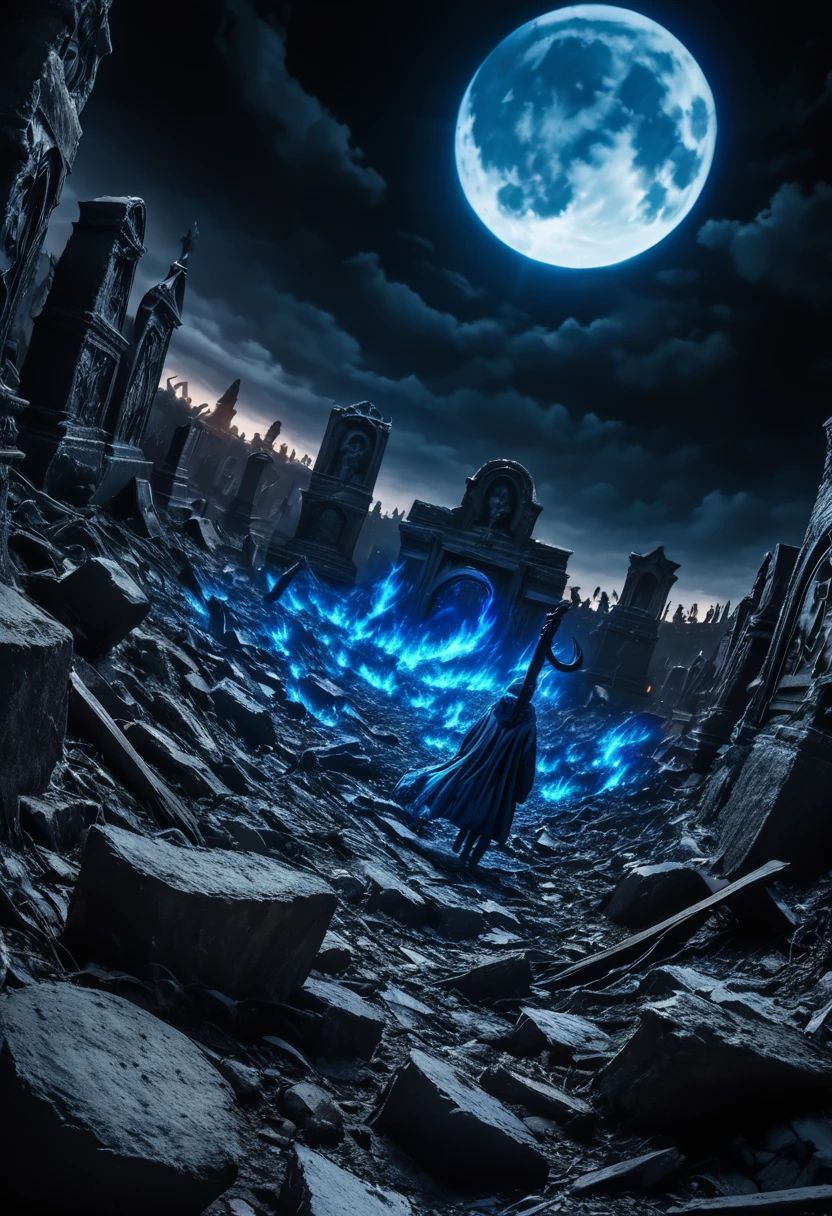 Quality (masterpiece, best Quality, 8k, wallpaper of extremely detailed CG unit, high resolution, top-Quality, top-Quality real texture skin, hyper realistic, increase the resolution, RAW Photos, best Quality, highly detailed, The wallpaper), BREAK, Alone, hooded youth with a giant scythe wrapped in blue fire, Dark clothing with skull details, postura amenazante en un dark cemetery, Giant full moon in the background in the shape of a skull illuminating the scene. Extreme details in the texture of clothing, glow of blue fire coming out of the scythe and detailed texture of the sky and moon. BREAK, Background (dark cemetery, broken tombstones, dim lights of the flames, night sky with scattered clouds), (Dynamic Angle:1.6), (Pulitzer Prize winning photo:1.3), (award winning photo), Beautiful dramatic lighting that highlights the contrast between the darkness and the blue fire, details in the apocalyptic environment, high shutter speed, depth in the artistic approach to the scene, (long shot:1.5), (wide shot:1.5)