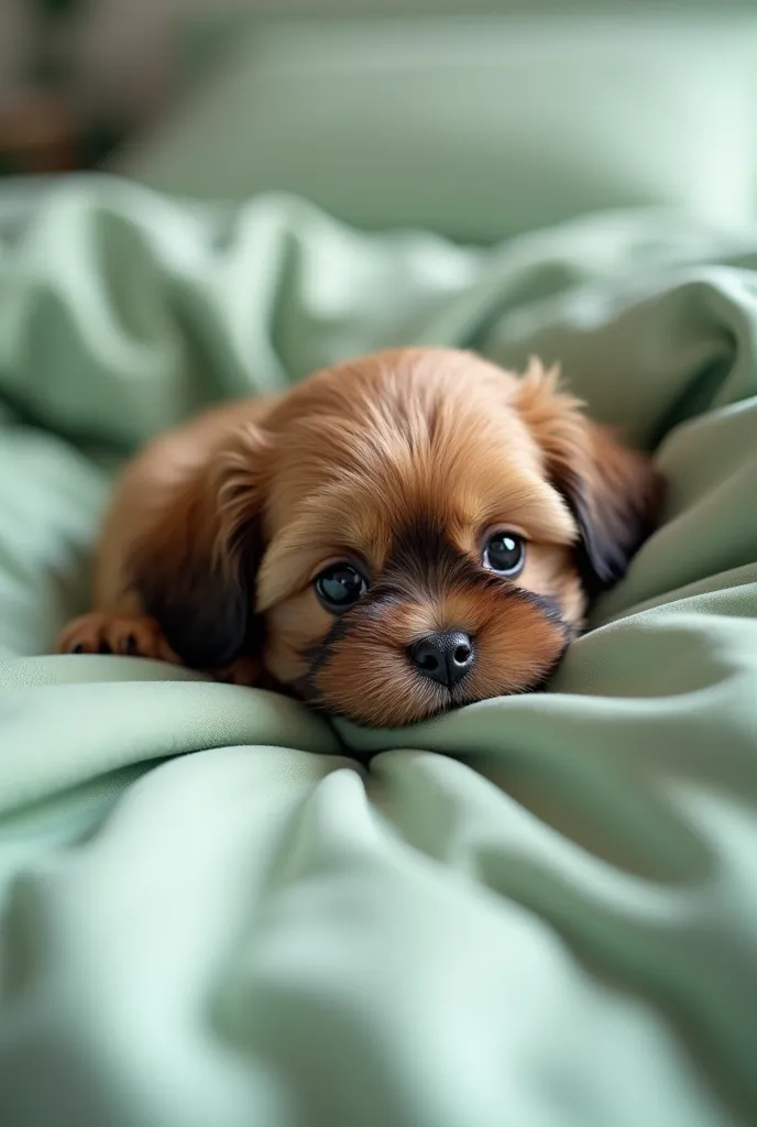 Adorable small marrón Shih Tzu puppy, in bed with light green sheets