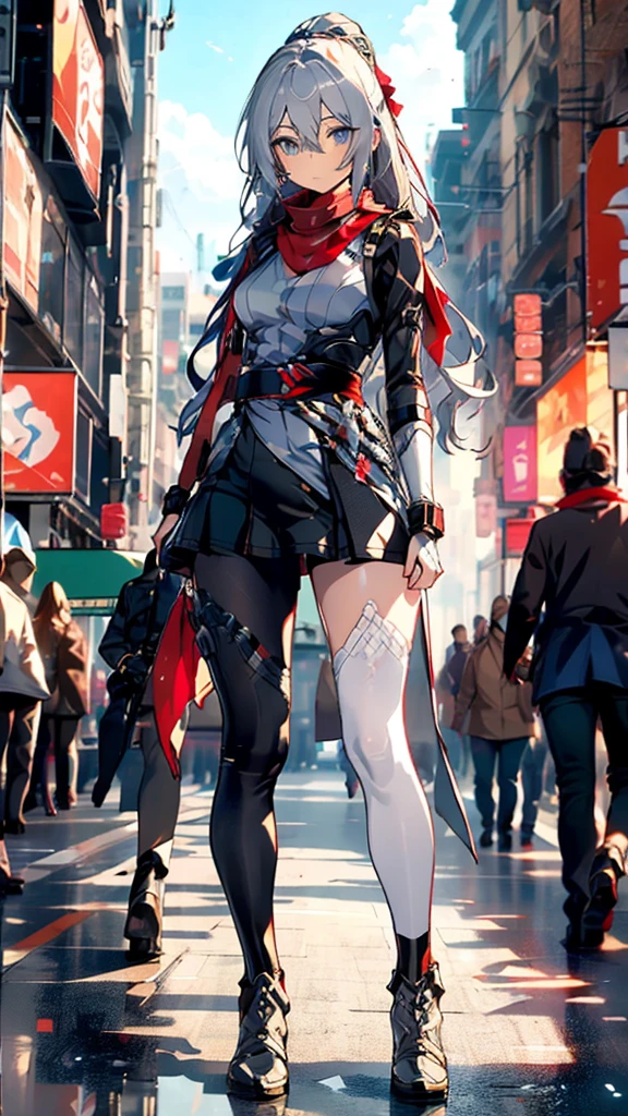 ((full body)),masterpiece, Highest quality, High resolution, Highly detailed CG, One girl,  Transformation Heroine, Transformation Belt, Bodysuits，((Ash_hair)), Internal mechanism, , (red_scarf), mecha armored, Thighs, Thighs boots, Roadshow, street, Combat Stance, View your viewers, Hero Pose,Learn more, blue sky