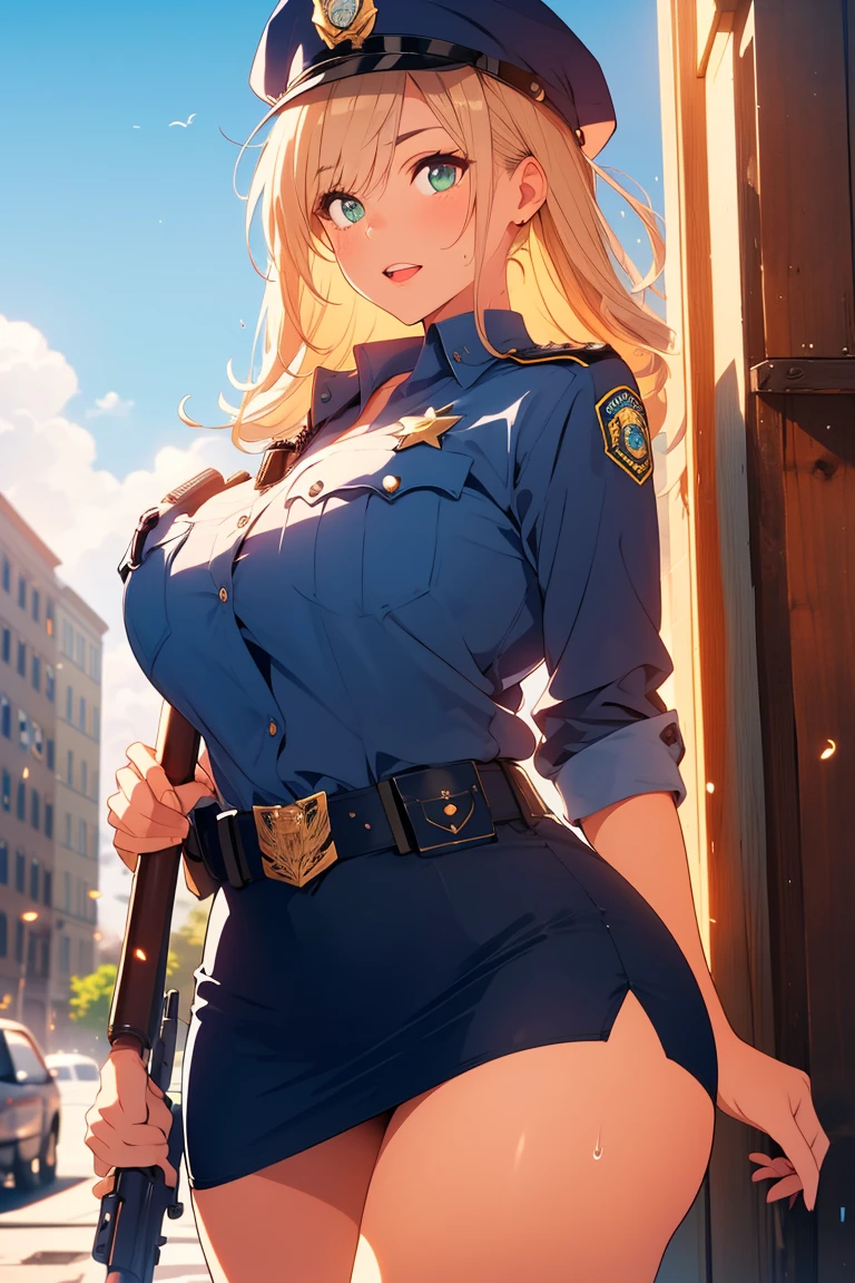 8k, cowboy shot, visual anime of a cute girl, best anime girl, Ecchi anime style, BREAK, seductive lady, blond hair, shiny hair, detailed eyes and face, Defined tabs, eyeshadow, crystal clear eyes, detailed lips, beautiful detailed eyes,  ojos color azul claro big breasts, tits, voluptuous, light visible, BREAK,   green eyes, by rubio, long shiny hair, big breasts, High resolution, beautiful detailed eyes, extremely detailed face, good lighting, Detailed CG, bright lips, (((wearing police uniform))), blue shirt with plunging neckline, police badge on shirt, black belt with weapon,  tits, sexy police,  blue pencil miniskirt, Police cap, sweaty legs, shiny skin, thighs, BREAK, ((on a city street with a police patrol in the background)), light,  side view facing the viewer, feminine curves, BREAK, Smooth texture, thighs, feminine curves, perfect anatomy, BREAK, with a club in his hands,  open mouth, mischievously closing one eye, blue sky with white clouds, sunlight on her hair.