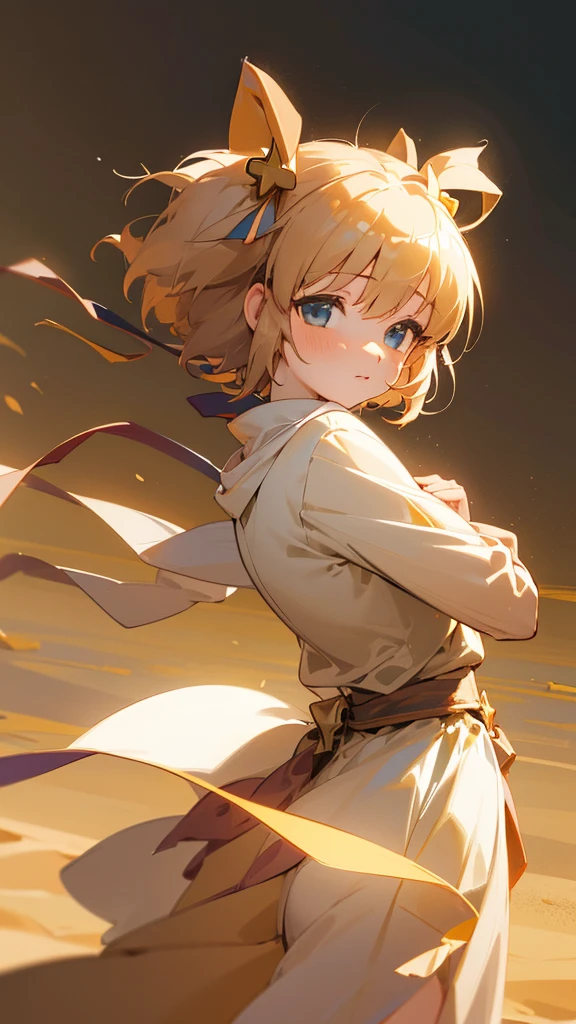 masterpiece, best quality, (extremely detailed CG unity 8k wallpaper), (best quality), (best illustration), (best shadow), cowboy_shot, desert, golden_sand, absurdres, realistic lighting, (front), portrait, (fantasy), 1girl, (Kamikita_Komari), twintails, hair ribbon, arabian clothes, white_clothes, black_accents