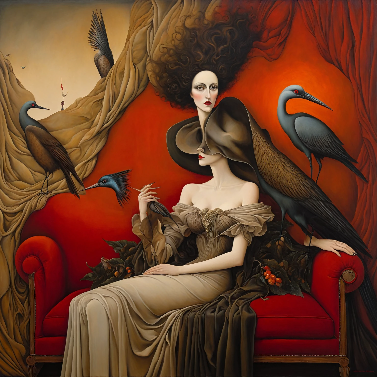 Oil painting, styled by Leonora Carrington, Michael Parkes, Esao Andrews, and Dave McKean, Arafed woman in a dress sitting on a red couch. Stylish artistic background consisting of abstract natural elements such as stylized leaves and birds rendered in soft earth tones. The background creates a sense of depth and mystery, with smooth color transitions. The painting conveys a calm and intriguing atmosphere, where even the lighting is evenly distributed, without harsh shadows, creating a sense of harmony and peace. Surrealistic details such as unusual shapes and symbolism. Mythological elements and magical creatures that add a fairytale aspect. Bright, rich colors and textures that create a sense of depth. A combination of different techniques and styles adding a modern touch. The composition is balanced, with an emphasis on the foreground, where the figure of the woman takes center stage and the background texture complements her image.
