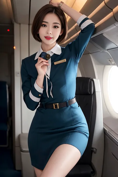 masterpiece, high-detail, the most pornographic airline stewardess in the world, ((pornographic)), in air hostess costume, brune...