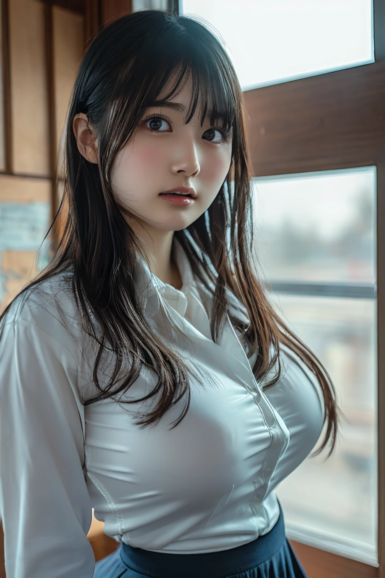 (bursting bust,Anatomically correct, 18-years-old, Realistic Japanese girl, photographer's lover, She truly loves photographer, Realistic skin:1.3),plunging necklines:1.5long neck,Browsing Caution,bursting breast,Highest quality,Ultra-high resolution,1 person,whole body,Black hair, bangs, cool expression,Looking into the camera,Beautiful and elaborate face,Fine and beautiful skin,Skin Texture,high school student, school uniform, (tight-fitting white shirt:1.4), tie,(big breasts:1.2), Checked mini skirt,Classroom after school,(Standing pose,1.3: