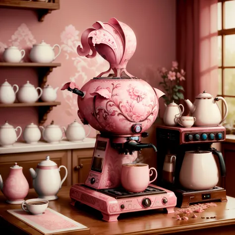 masterpiece, absurdres, extremely detailed, madeofdelftwareai, pink delftware, coffee machine, day, volumetric lighting,