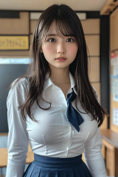 whittled waistline,tight-fitting uniform:1.7,(bursting bust,anatomically correct, 18-years-old, realistic japanese girl, photogr...