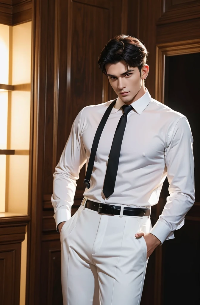 4k, high resolution, best quality, masterpiece, perfect color, perfect shade, perfect lighting, Posted by e621, ((handsome man)), perfect male figure, Short hair details，Detailed face, perfect face, (stood up), Detailed background, ((Bonifasco Lighting)),blacl hair, wearing white shirt, black pants, black leather belt, black tie,