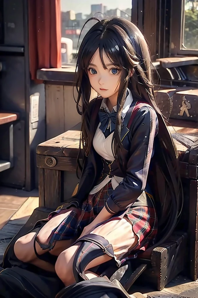 an anime figurine of a girl with a laptop and a bunch of anime stickers, ahoge, skirt, jacket, school uniform, sitting, long hair, blue hair, red eyes, looking at viewer, red skirt, plaid skirt, plaid, shirt, multiple girls, crossed legs, miniskirt, blazer