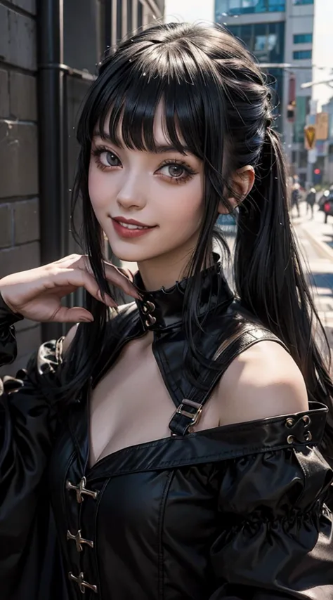 grin face, goth  costume, collar, twin tail hair, black hair, bangs, a college girl,