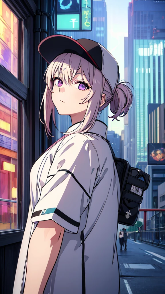 masterpiece, best quality, 4k, UHD, mishoujo, beautiful eyes and detailed face, illustration, beautiful detailed, high resolution illustration, glowing_white_particles, 1girl, white hair, light purple eye, hair over one eye, short side tail, baseball cap, expressionless, window shade, black and neon pink cheongsam, cyberpunk, techwear, (Impressionism:1.4), upper body portrait, cyberpunk city background, looking serious, 
