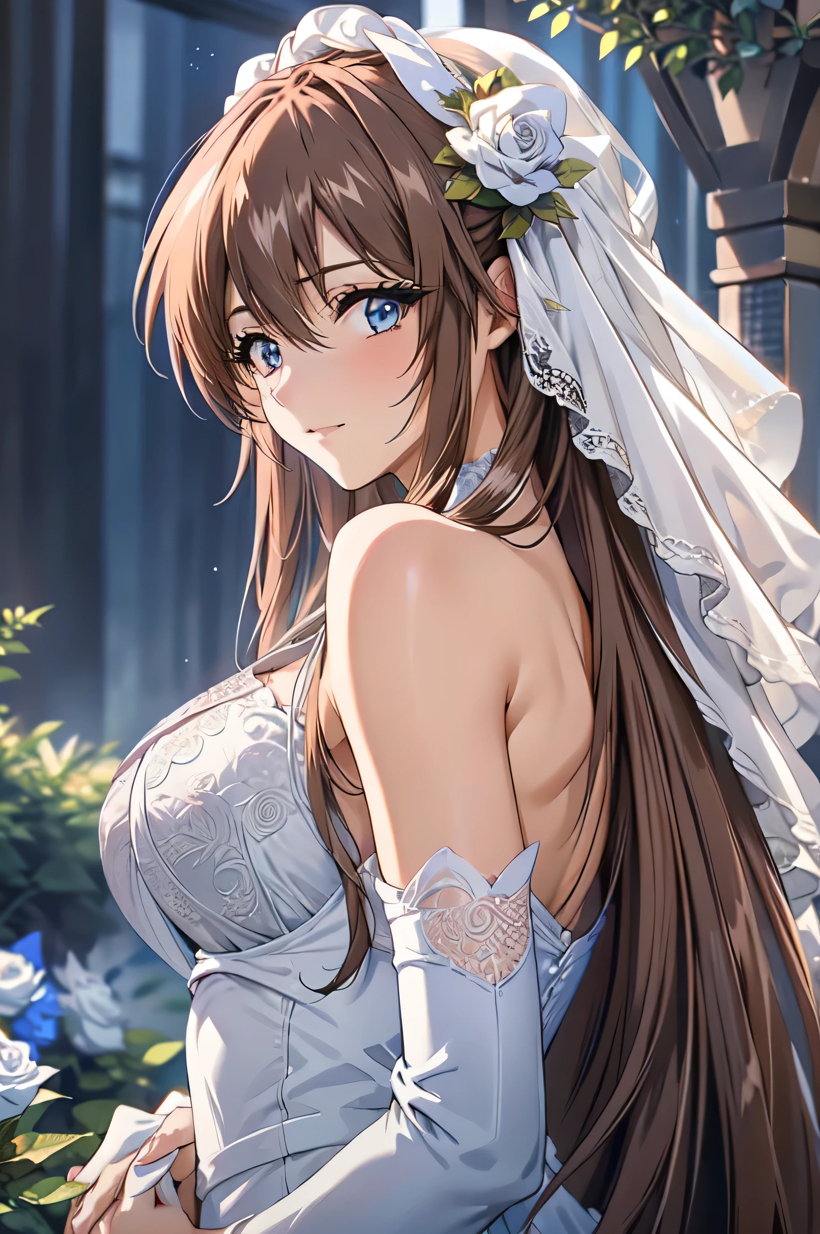 Aoikan, (masterpiece, Highest quality, beautifully、aesthetic:1.3), 1 Female, Mature Woman,alone, A light smile, (Silvery brown hair with reddish brown streaks:1.4), (Gradient brown hair tip:1.6), hair, Ridiculously long hair, Single Side Lock, Wavy Hair, Shiny Hair, Floating Hair, (Deep blue eyes), Delicate eyes, blue eyes, Very fine eye, Long upper eyelashes, compensate, Focus on the face, Very detailedフェイシャル, Pretty face, Perfect breasts, Hot body, (Delicate skin texture:1.2), Bridal Veil, lace trim dress, See through, Wedding dress, Outdoor, White Rose, garden, morning, Are standing, Very detailed,