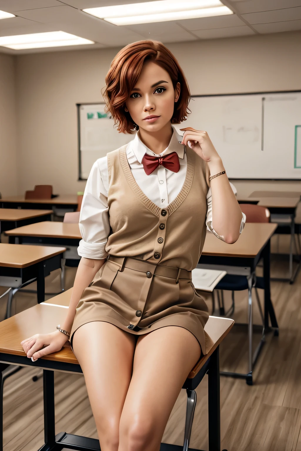 Short red hair, wearing a beige sweater vest over a white short-sleeve button-up shirt, with a dark bow tie. She has a ring on her right hand. The background shows an indoor classroom with several desks and chairs, along with some posters on the wall. The lighting is soft, providing an even and balanced exposure. The overall atmosphere is formal and educational. She is sitting on a desk, looking straight ahead.