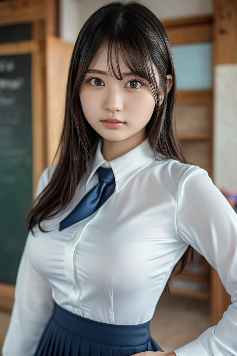 thin fabric,Whittled waistline,tight-fitting uniform:1.7,(tall stature,170cm tall,bursting bust,Anatomically correct, 18-years-old, Realistic Japanese girl, photographer's lover, She truly loves photographer, Realistic skin:1.3),plunging necklines:1.5long neck,Browsing Caution,bursting breast,Highest quality,Ultra-high resolution,1 person,whole body,Black hair, bangs, cool expression,Looking into the camera,Beautiful and elaborate face,Fine and beautiful skin,Skin Texture,high school student, school uniform, (tight-fitting white shirt:1.4), tie,(big breasts:1.2), Checked mini skirt,Classroom after school,(Standing pose,1.3: