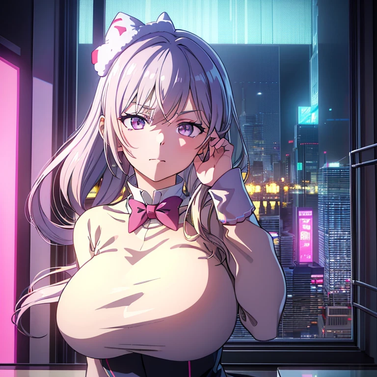 masterpiece, best quality, 4k, UHD, mishoujo, beautiful eyes and detailed face, illustration, beautiful detailed, high resolution illustration, glowing_white_particles, 1girl, white hair, light purple eye, hair over one eye, short side tail, baseball cap, expressionless, window shade, black and neon pink, cyberpunk, techwear, (Impressionism:1.4), cyberpunk city background, looking serious, 
