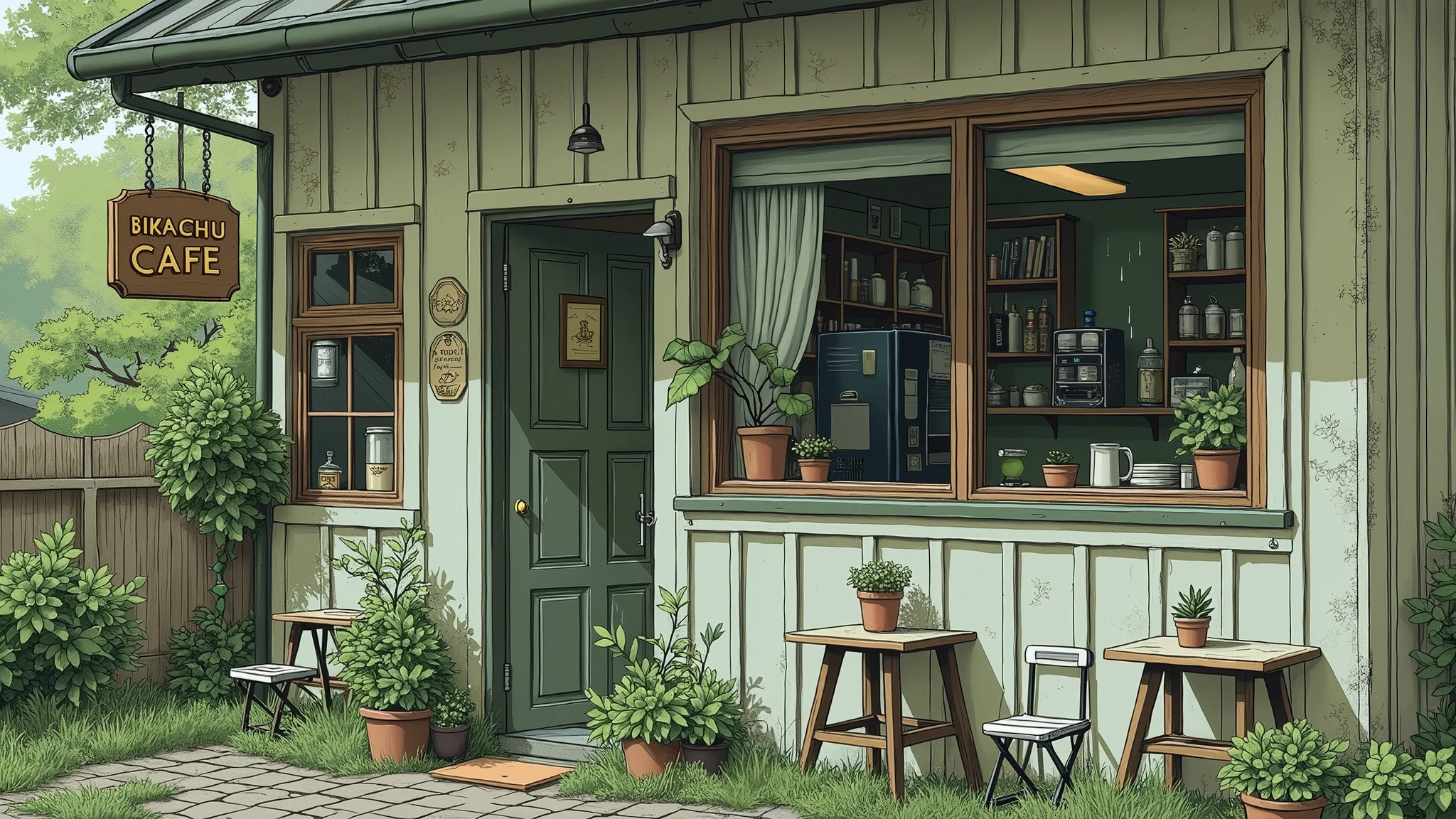 line-art painting of an coffee shop surrounded by green with the sign say "Bikachu Cafe", light rain outside, detailed texture