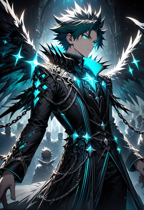 (male、anime)masterpiece、highest quality、(handsome、クールなmale１people)spiky hair with teal highlights, elaborate black and teal outf...