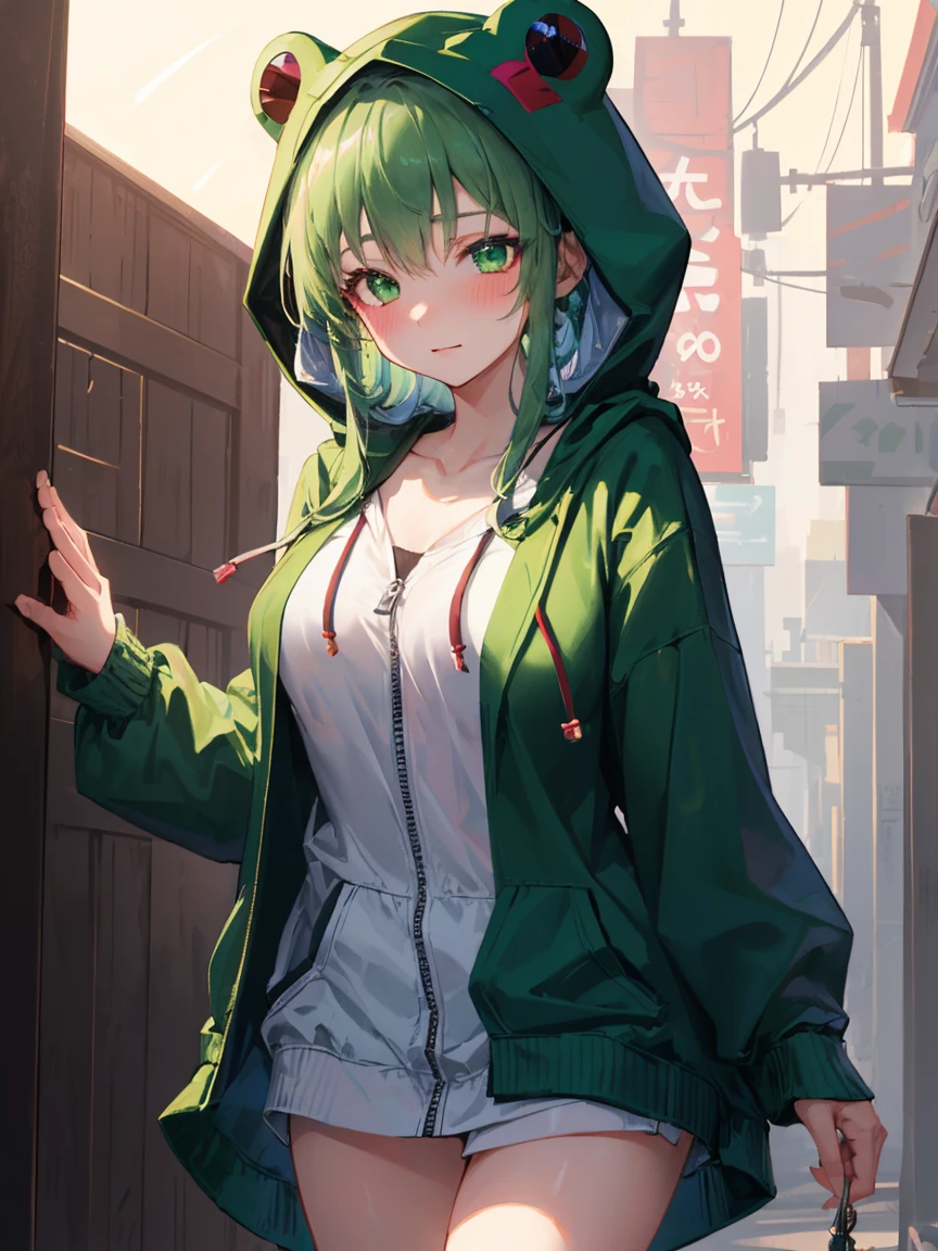 ((masterpiece, best quality)), highres, 8k, cinematic light, high contrast, depth of field, intense glow, detailed background, 1girl, cute, detailed eyes, sparkle in eyes, detailed iris, grin, stylized, (green_hair:1.3), messy hair, luminous, dreamer, dreamy eyes, sleepy, (green_eyes:1.3) enchanted green eyes, hood, hoodie, frog hoodie, (frog hood:1.5), froggy, (frog in disguise:1.3), unzipped hoodie, naked hoodie, no pants, no skirts, bottomless, no shirt, shirtless, (green_hoodie:1.3), cute, cute expression, (blushing:1.3) big boobos nood