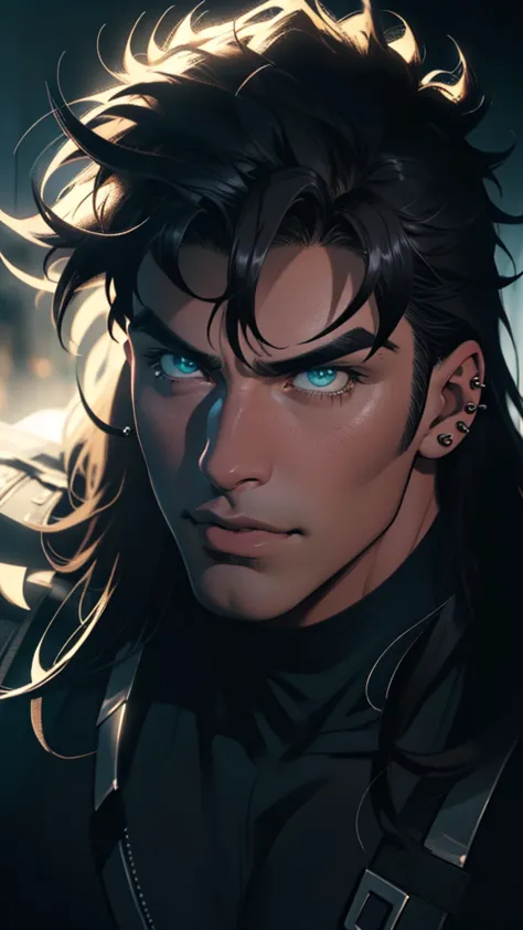 a muscular anime man, detailed face, sharp jawline, piercing eyes, flowing hair, heroic pose, in dramatic lighting, cinematic co...