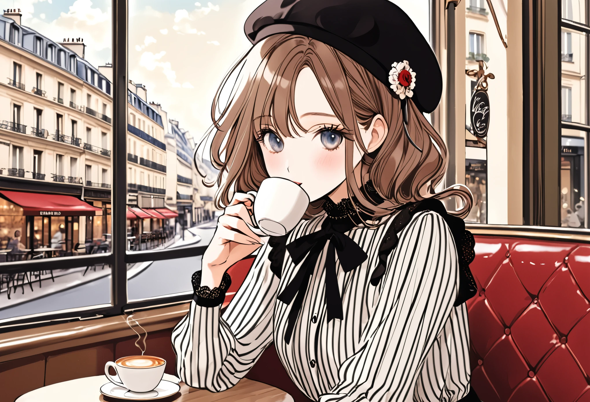 The elegant French Mademoiselle、Wearing a chic beret and striped blouse、
Drinking coffee from the elegantly extended hand、Sitting leisurely in a quaint Parisian cafe。