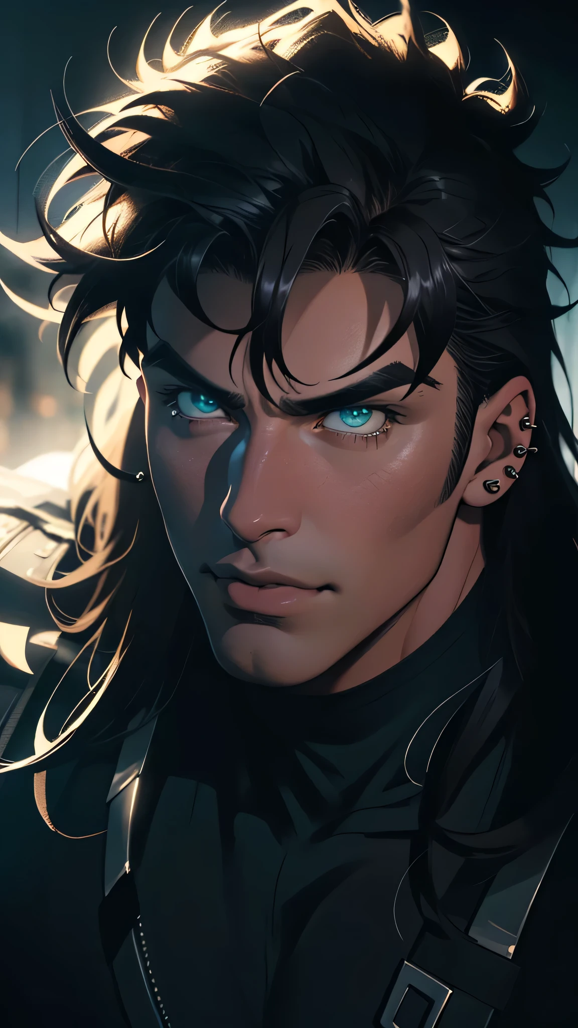 a muscular anime man, detailed face, sharp jawline, piercing eyes, flowing hair, heroic pose, in dramatic lighting, cinematic composition, digital painting, vibrant colors, highly detailed, intricate textures, photorealistic, dramatic shadows, cinematic atmosphere, masterpiece Joseph Joestar, jojo 