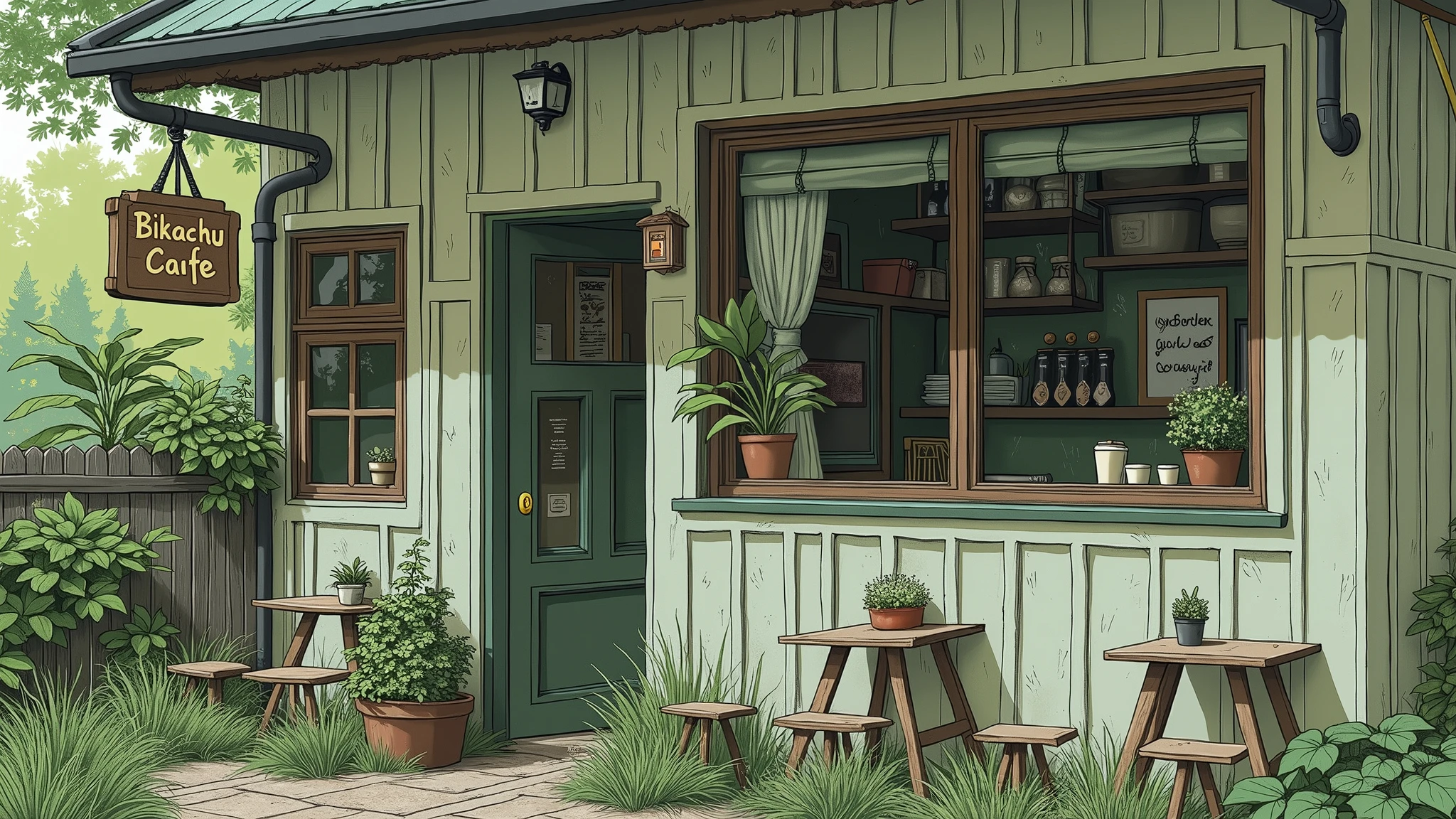 line-art painting of an coffee shop surrounded by green with the sign say "Bikachu Cafe", light rain outside, detailed texture